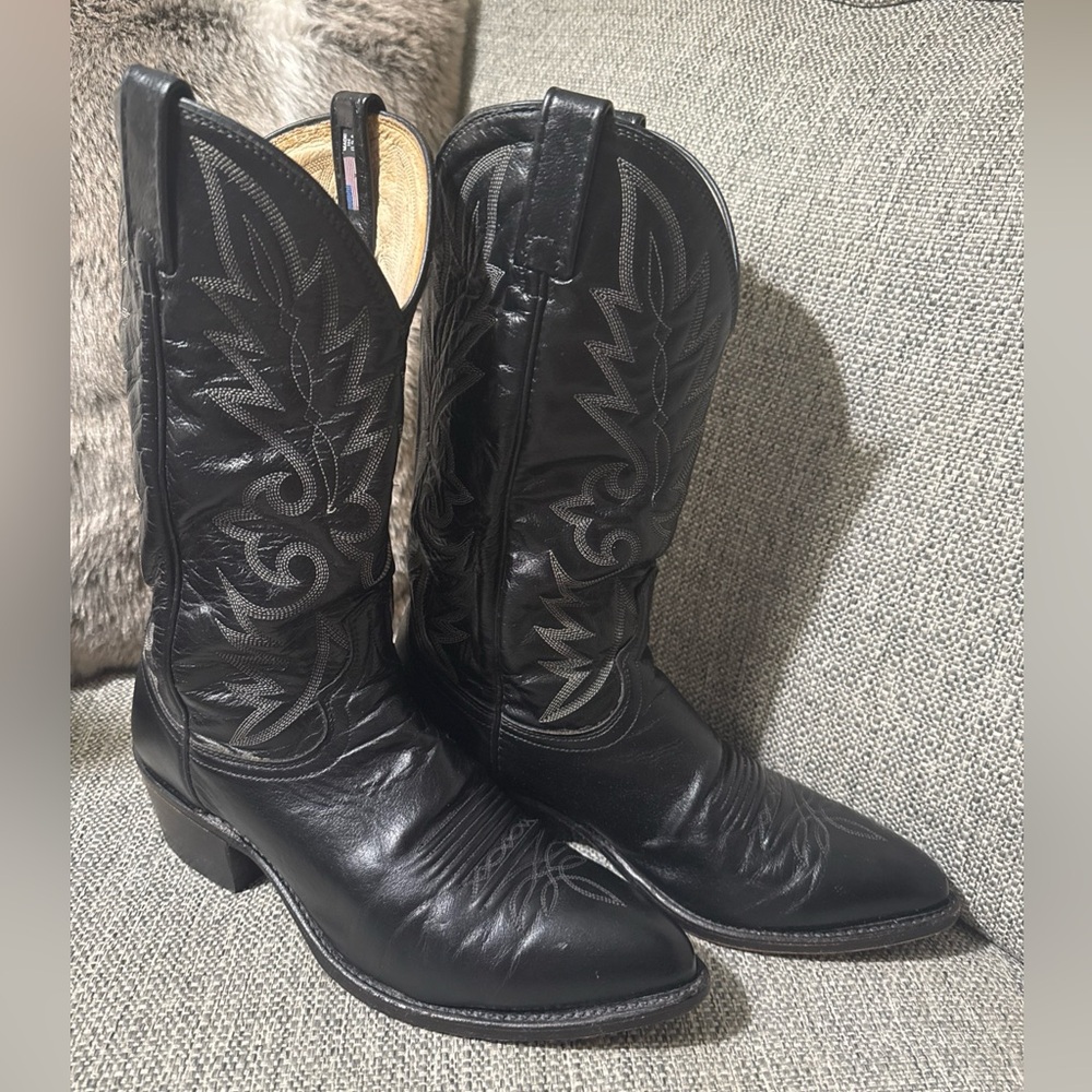 Vintage Dan Post 16791 Leather Cowboy Western Black Pull On Mens Boots 91/2 USA